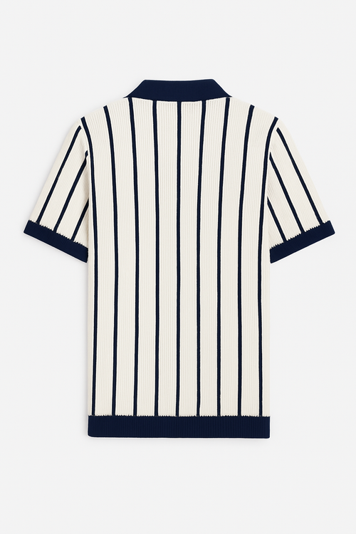 Monaco Knit Polo – Ivory & Navy Retro Vertical Stripe Shirt