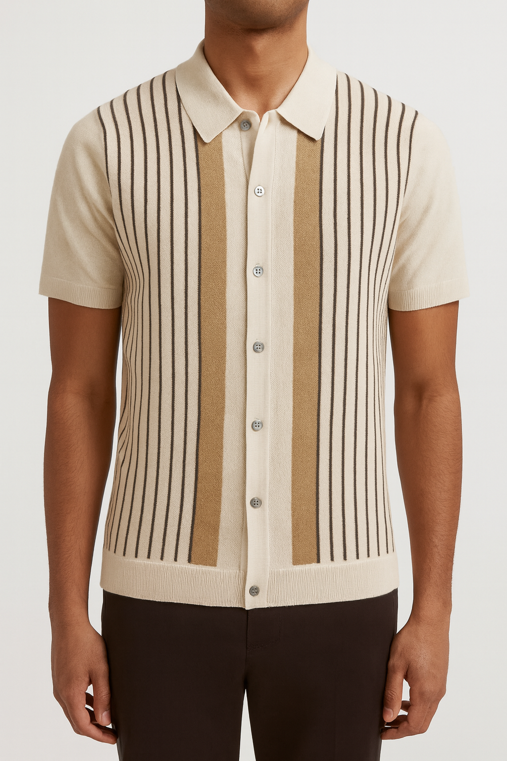 The Sandhurst Polo – Retro Cream & Caramel Stripe Shirt