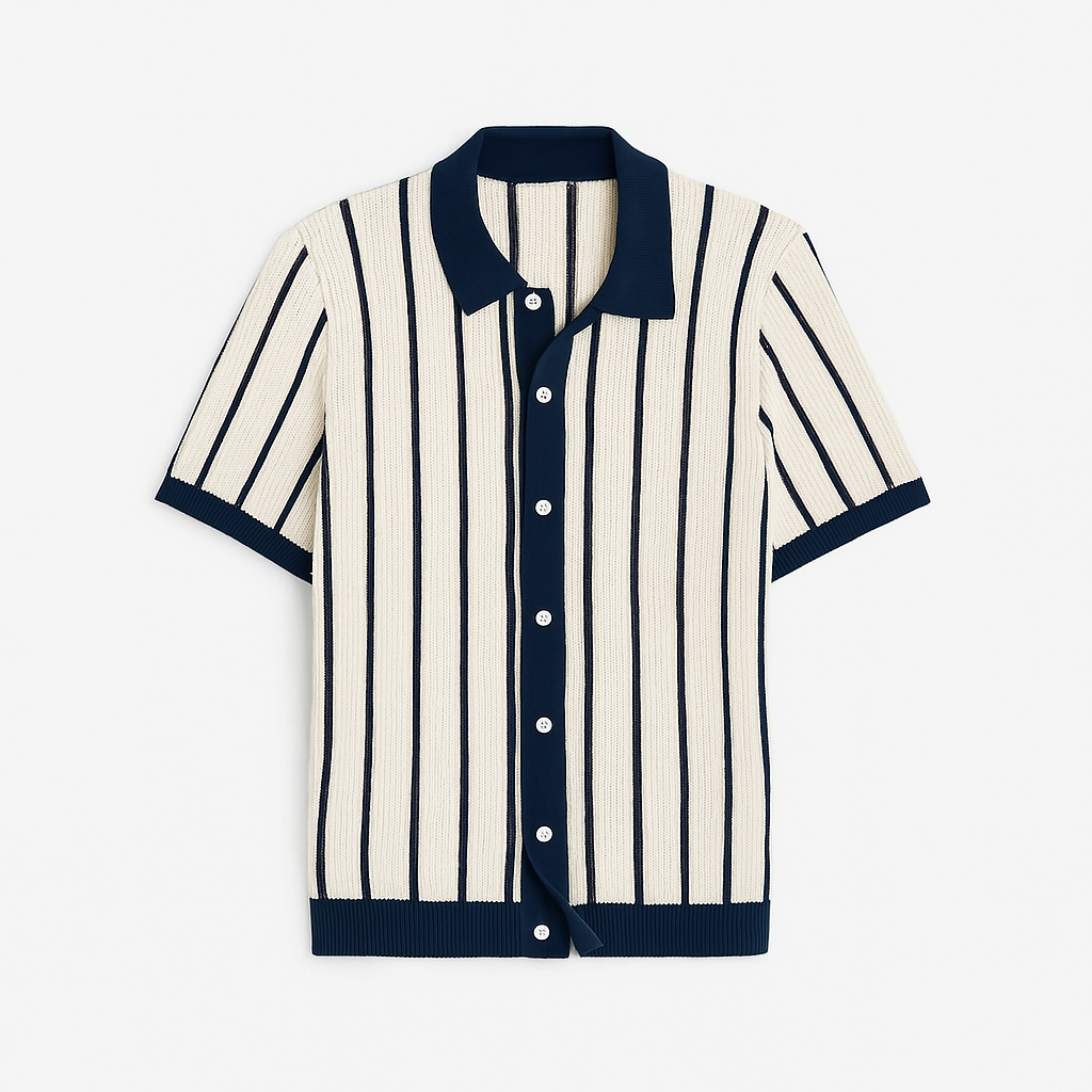 Monaco Knit Polo – Ivory & Navy Retro Vertical Stripe Shirt