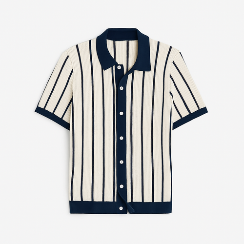 Monaco Knit Polo – Ivory & Navy Retro Vertical Stripe Shirt