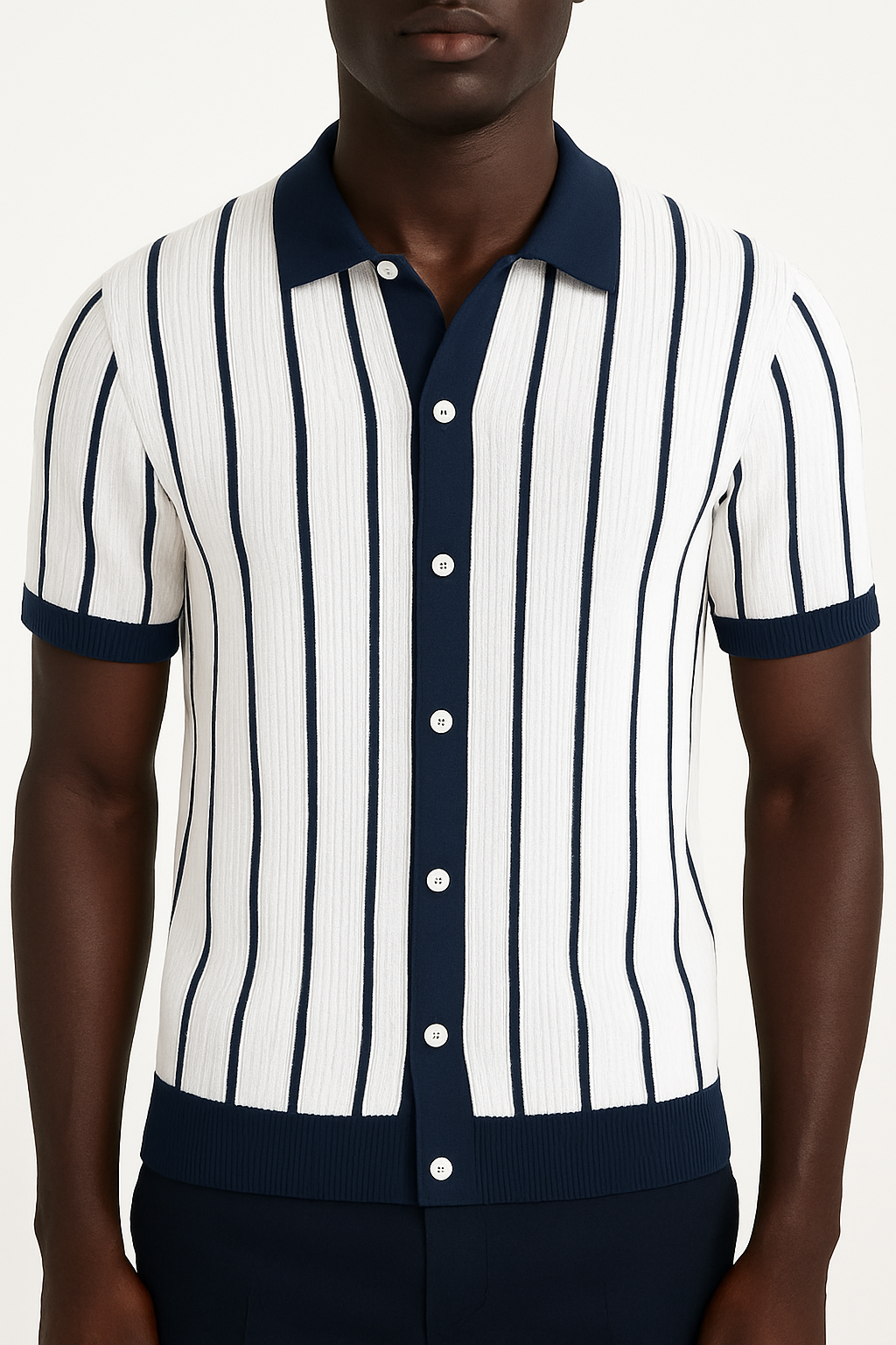 Monaco Knit Polo – Ivory & Navy Retro Vertical Stripe Shirt