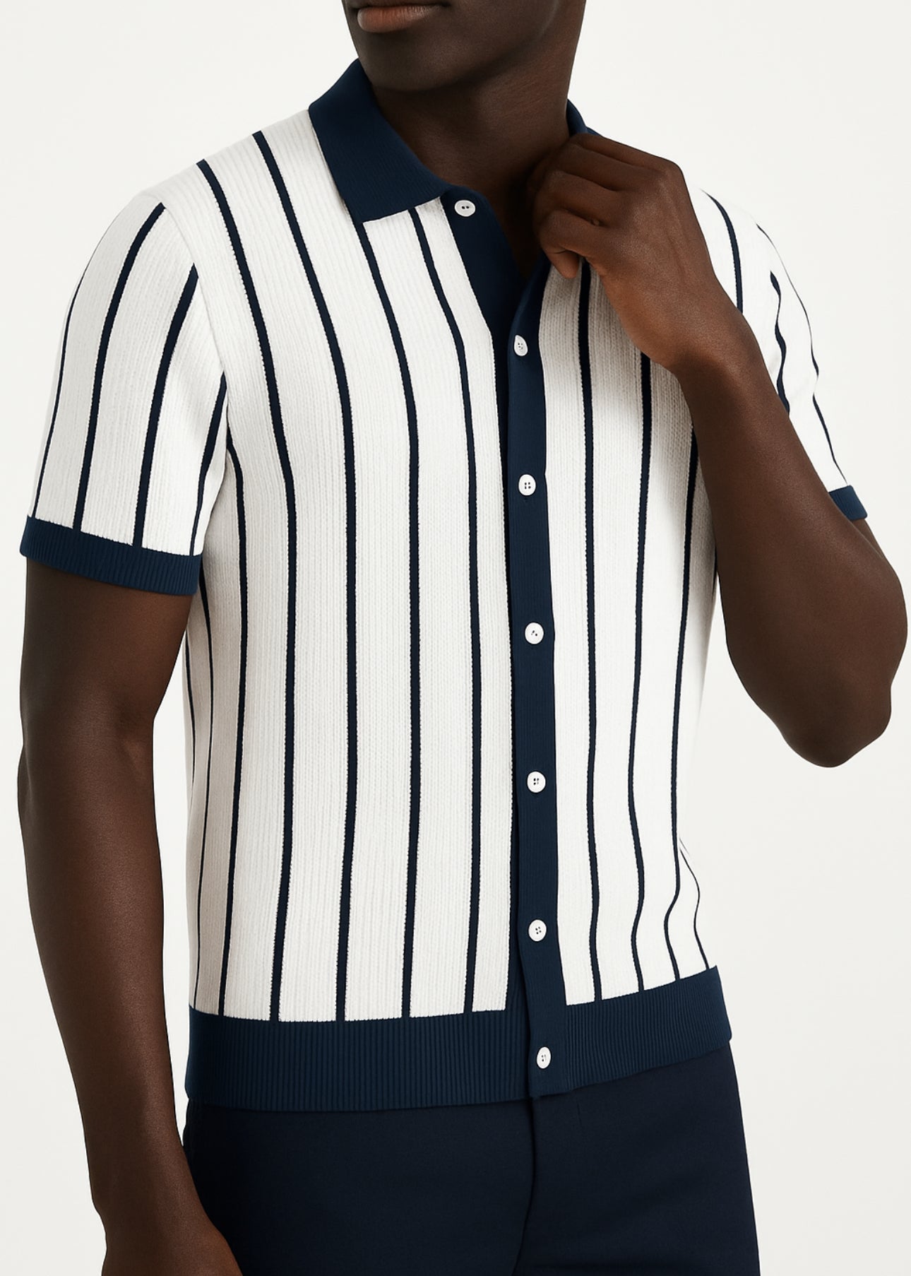 Monaco Knit Polo – Ivory & Navy Retro Vertical Stripe Shirt