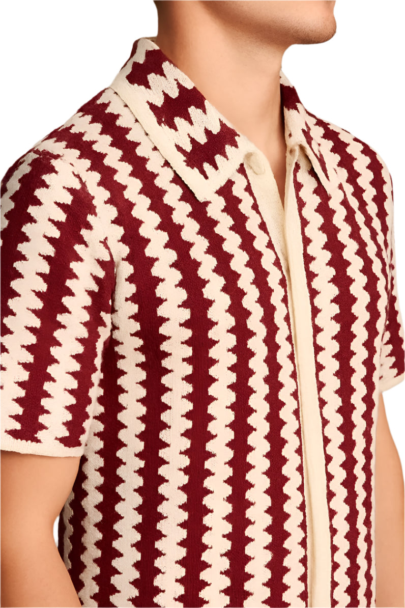 Siena Retro Crochet Polo – Burgundy & Cream Striped Knit Shirt