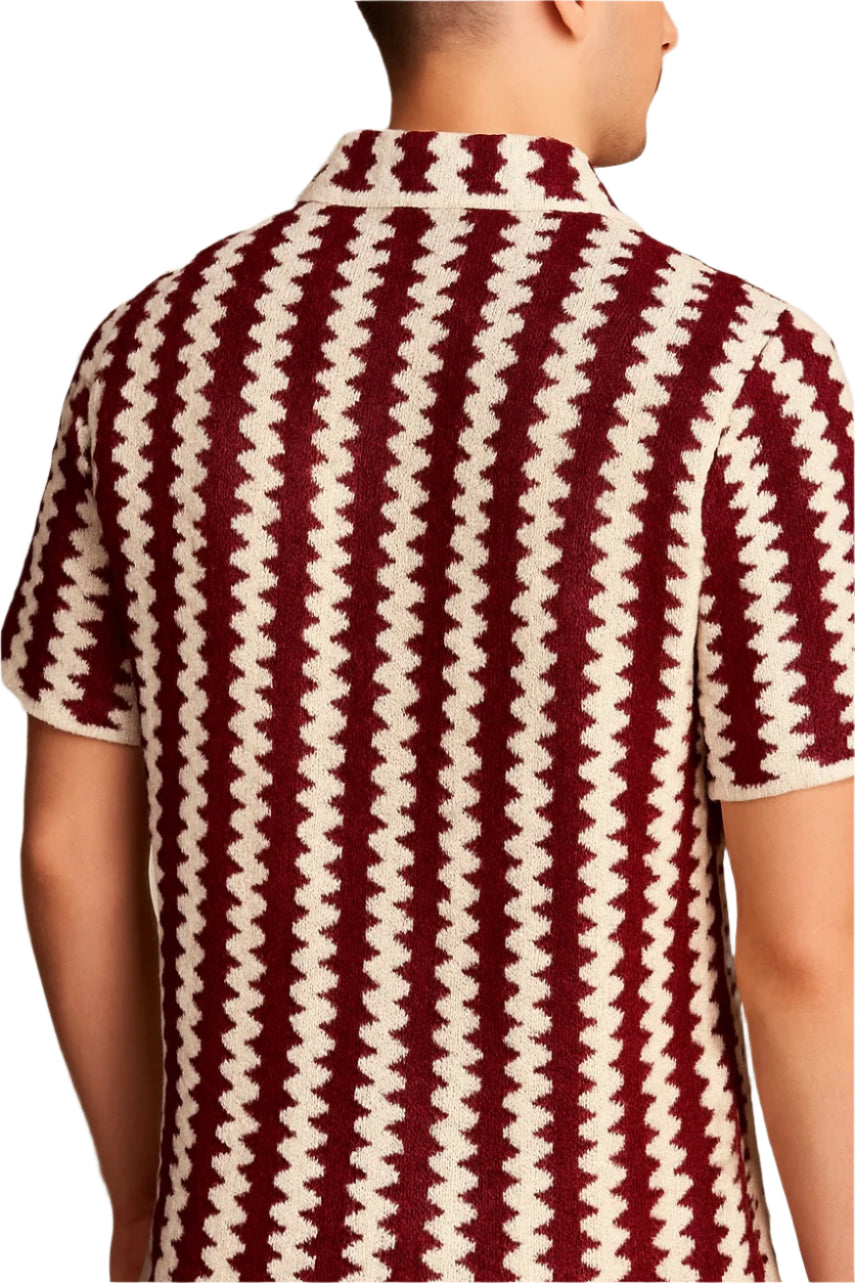 Siena Retro Crochet Polo – Burgundy & Cream Striped Knit Shirt