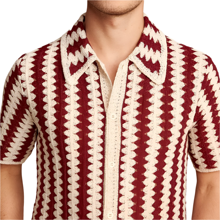Siena Retro Crochet Polo – Burgundy & Cream Striped Knit Shirt