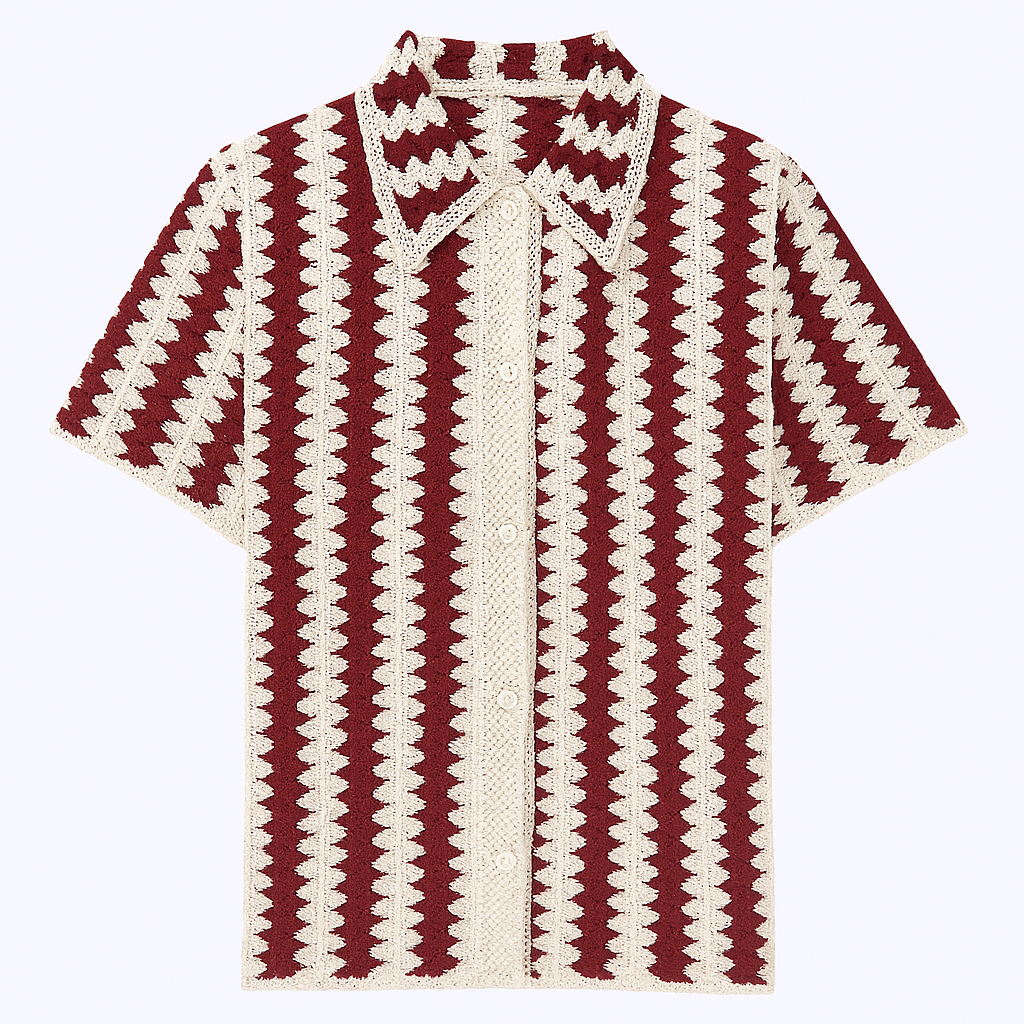 Siena Retro Crochet Polo – Burgundy & Cream Striped Knit Shirt