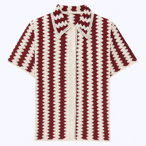 Siena Retro Crochet Polo – Burgundy & Cream Striped Knit Shirt