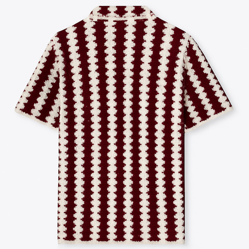 Siena Retro Crochet Polo – Burgundy & Cream Striped Knit Shirt